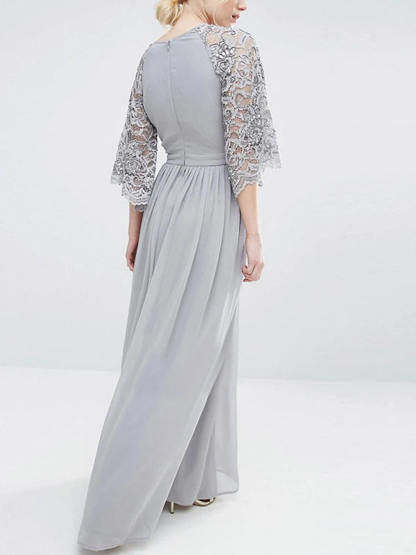 V-neck Solid Color Lace Maxi Dress