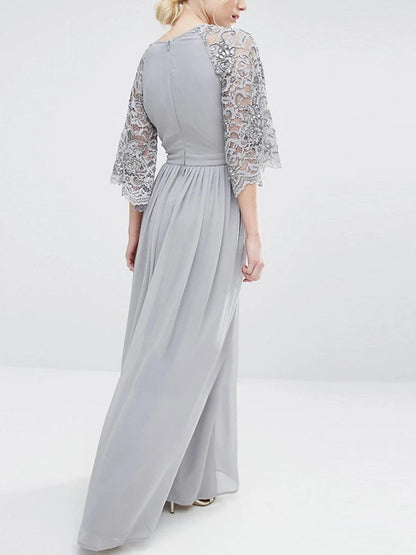 V-neck Solid Color Lace Maxi Dress