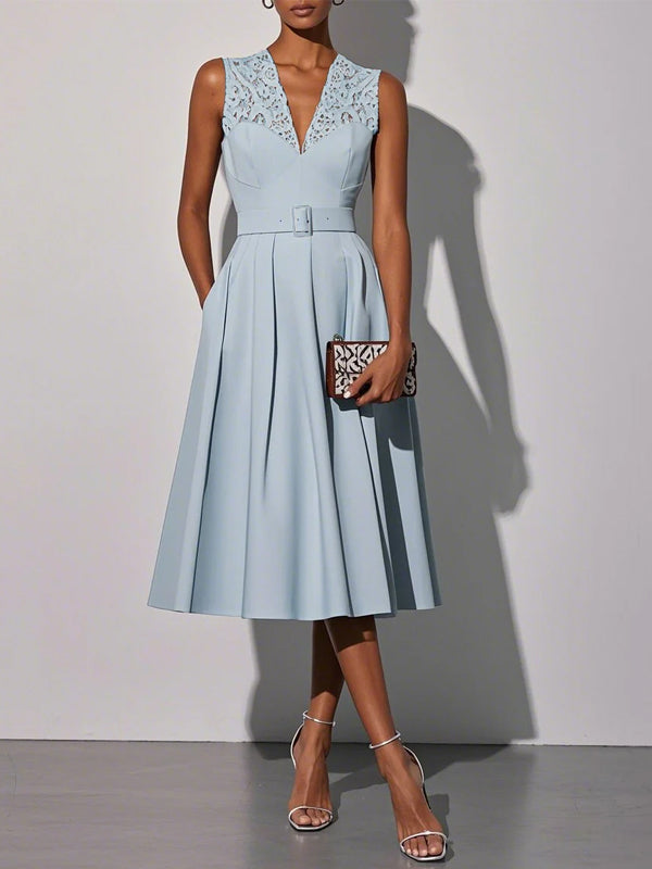 V-neck Sleeveless Lace Solid Color Midi Dress