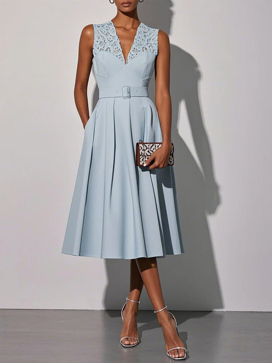 V-neck Sleeveless Lace Solid Color Midi Dress