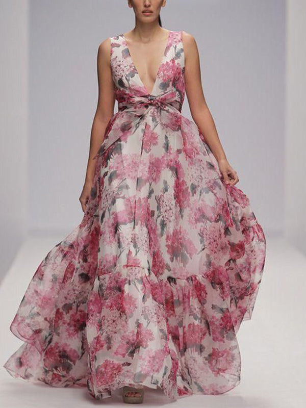 Pink V-neck Printed Sleeveless Maxi Dress