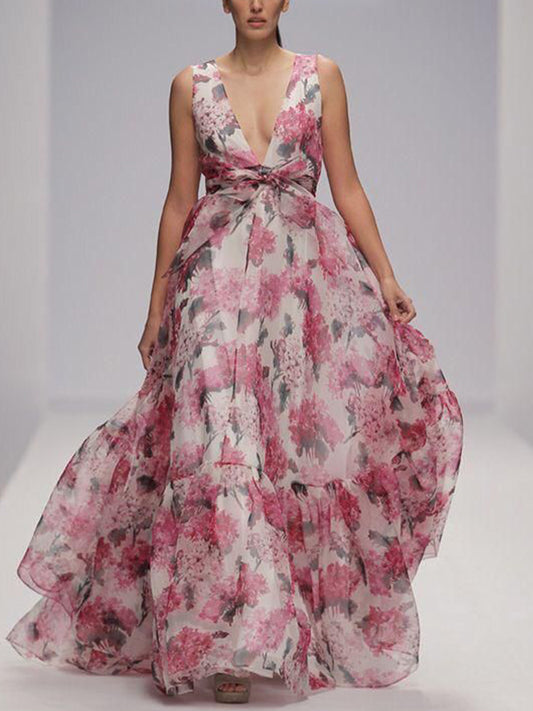 Pink V-neck Printed Sleeveless Maxi Dress