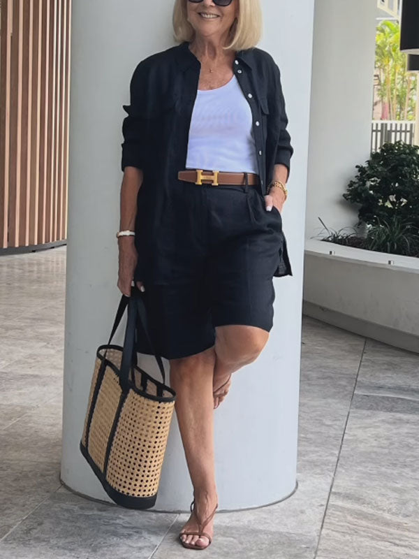 Casual Cotton Linen Shirt Shorts Women's Sets