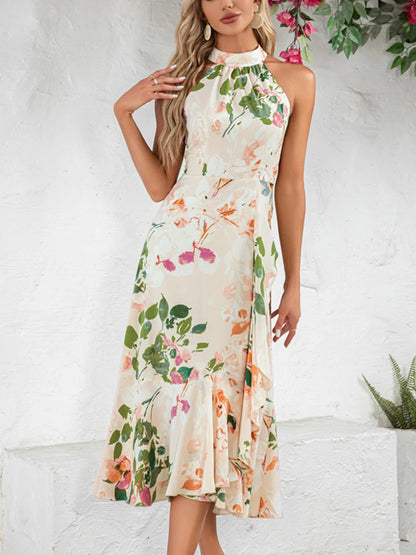 Ruffle Floral Print Halter High Neck A-line Chiffon Satin Asymmetrical Midi Dress