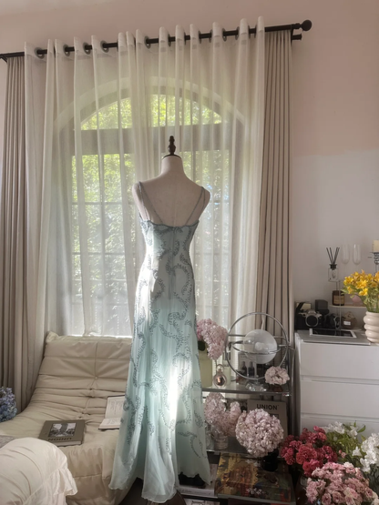 Light Blue Gorgeous Sparkling Fashion Elegant Exquisite Beaded Long Chiffon Fairy Ball Gown Evening Dress Birthday/Wedding Guest/Vacation Party Dress Prom Dress Valentine's Day Date Dress gh4036