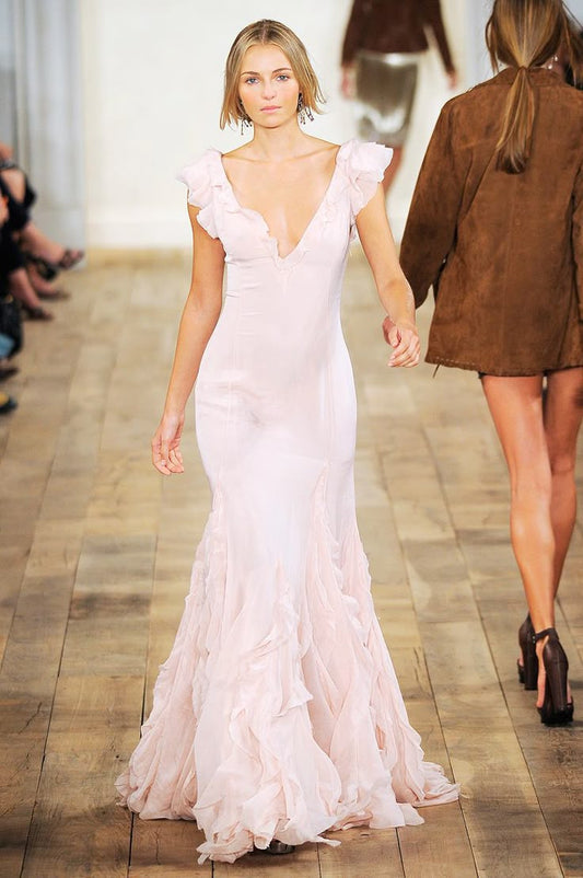 Gentle Mermaid V Neck Ruffle Light Pink Chiffon Long Prom Dress Graduation Prom Dress SH2600