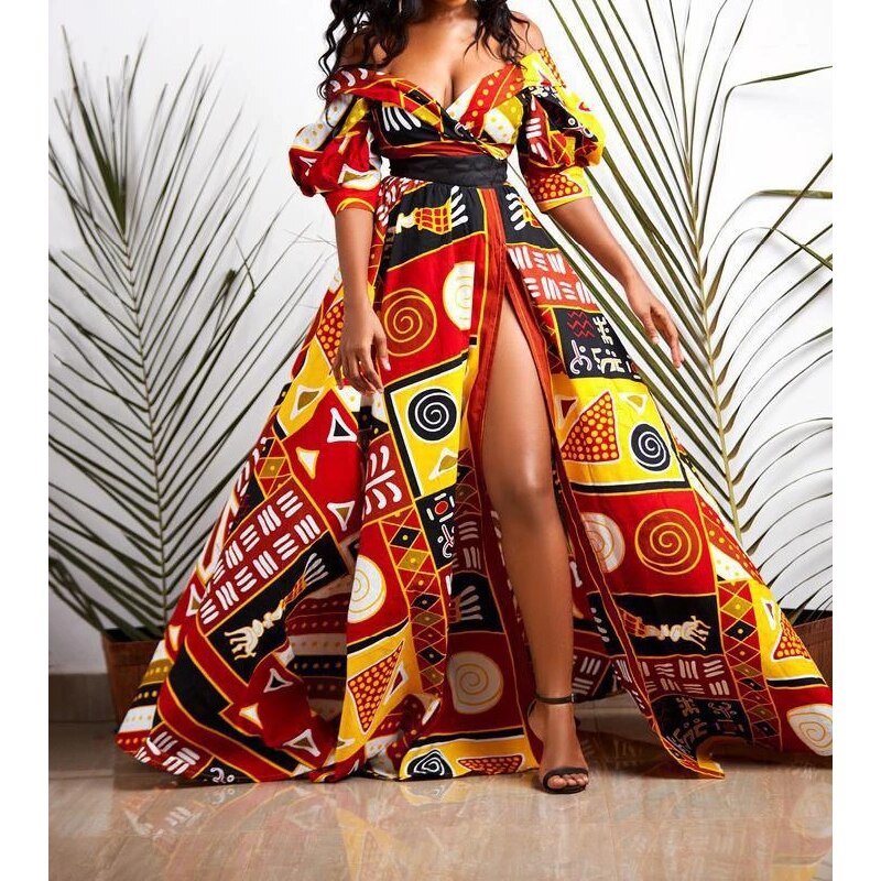 loveedsTM- Dashiki Print Ankara Dresses African Women Clothes Summer Bohe Sexy V-neck Backless Slit Maxi Dress Kanga Clothing Plus Size