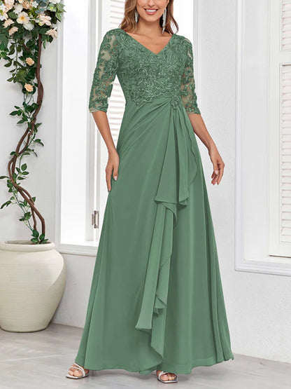 V Neck Half Sleeves Lace Appliques Long Chiffon Mother Of The Bride Dresses