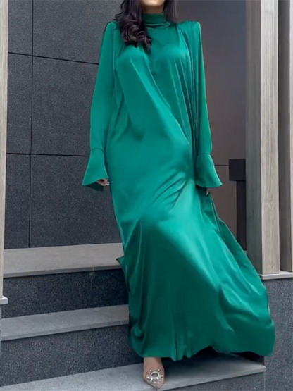 loveedsTM- Flared Sleeves Long Sleeves Solid Color High-Neck Maxi Dresses