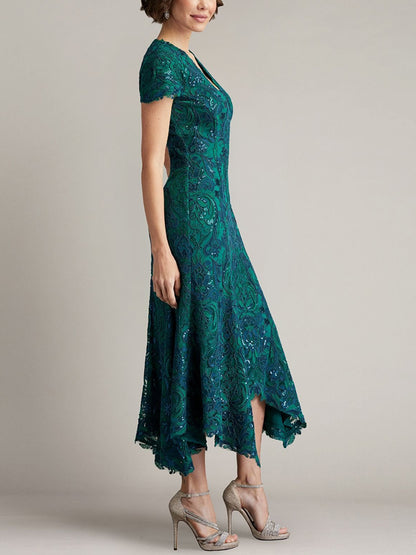 V-Neck Lace Short Sleeve Solid Color Midi Dress