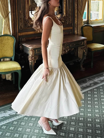 Vintage Mermaid Square Neckline White Ruffles Long Prom Dress Formal Dresses P2476