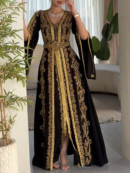 Women's V Neck Sequined Moroccan Dress