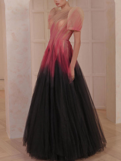 Gradient Color Blocking Chiffon Gown