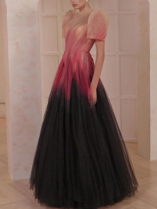 Gradient Color Blocking Chiffon Gown