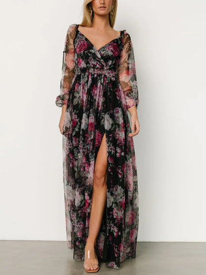 V-neck Long Sleeve Print Maxi Dress