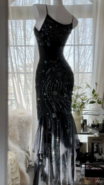 Charming Mermaid Spaghetti Strap Beaded Black Chiffon Prom Dress Evening Dress SH3364
