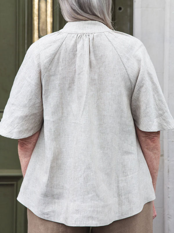 Lace-up Cotton and Linen Stripes Short Sleeves