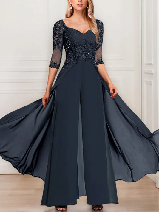 Chiffon V-Neck Half Sleeves Mother of the Bride Pantsuits with Applique