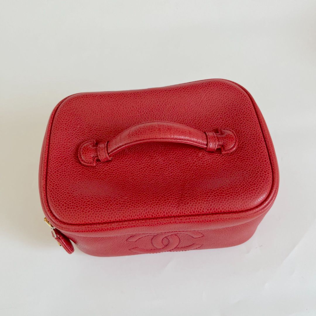 Chanel Red Caviar Leather Vanity Vintage Top Handle Bag