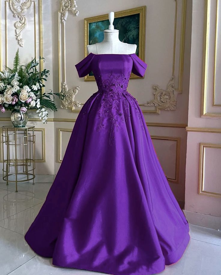 Purple Gorgeous Exquisite Beaded Strapless Long Satin Ball Gown Evening Dress gh3219