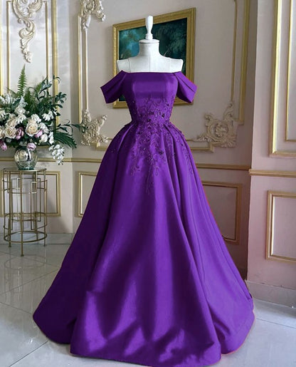 Purple Gorgeous Exquisite Beaded Strapless Long Satin Ball Gown Evening Dress gh3219