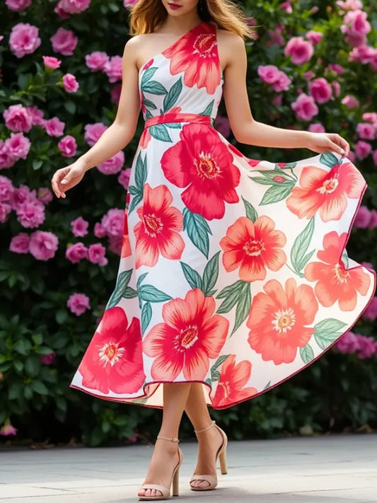 One-shoulder Elegant Chiffon Print Ladies Dress