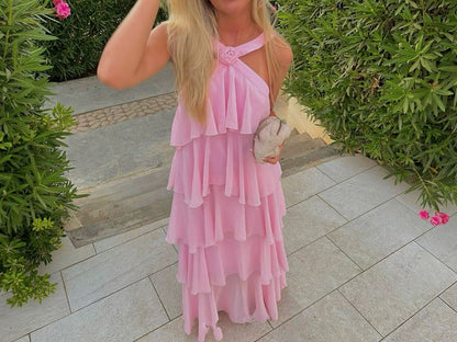 Pink suspenders fashion sweet A-line backless long chiffon tiered ball gown evening dress party dress gh2906