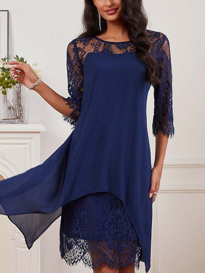 Lace Chiffon Stitching Casual Round Neck 3/4 Long Sleeve Dress