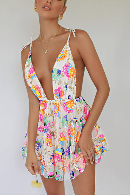 loveedsTM- Rainbow Sequin Open Back Slip Mini Dress