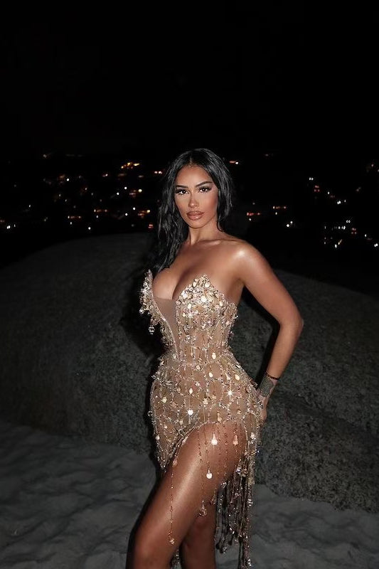 loveedsTM-Strapless rhinestone fringe dress-vx