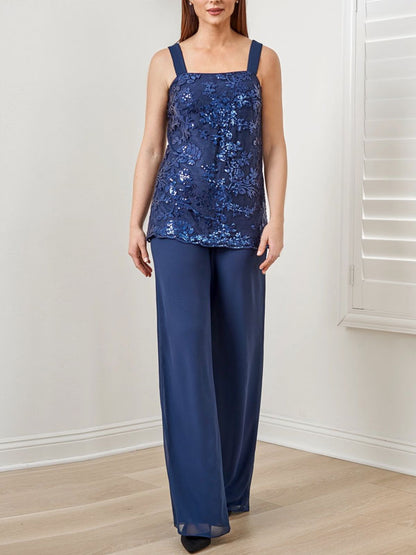 Suit Sequined Chiffon Embroidered Top + Chiffon Long Pants