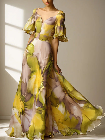 Elegant Floral Printing Sweetheart Neckline Maxi Dress