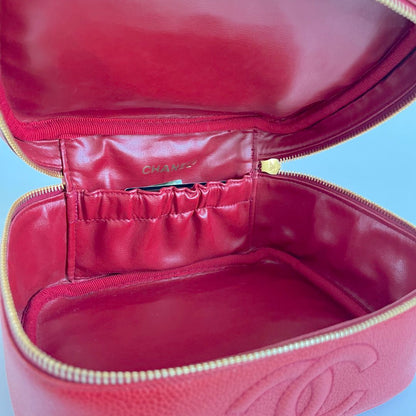Chanel Red Caviar Leather Vanity Vintage Top Handle Bag