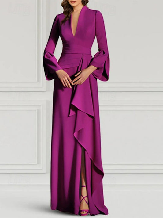 V-neck Long Sleeve Solid Color Maxi Dress