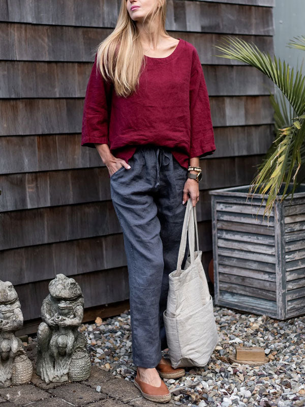 Solid Color Women's Cotton and Linen Pants