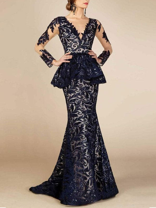 Deep V-neck with Elegant Ruffles Gown