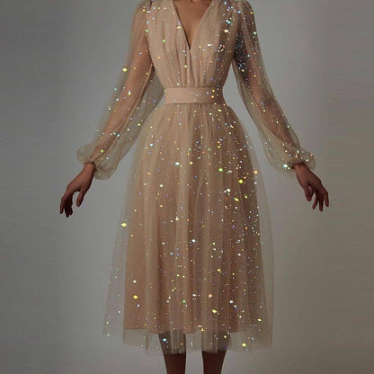 loveedsTM-Sexy Women Lantern Sleeve V Neck Solid Maxi Dress Elegant Autumn Ladies Gauze Party Dress Fashion Femme Princess Dress Vestidos