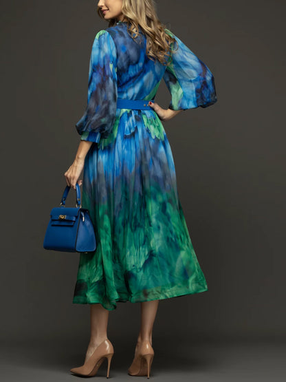 Crew Neck Printed Chiffon Midi Dress