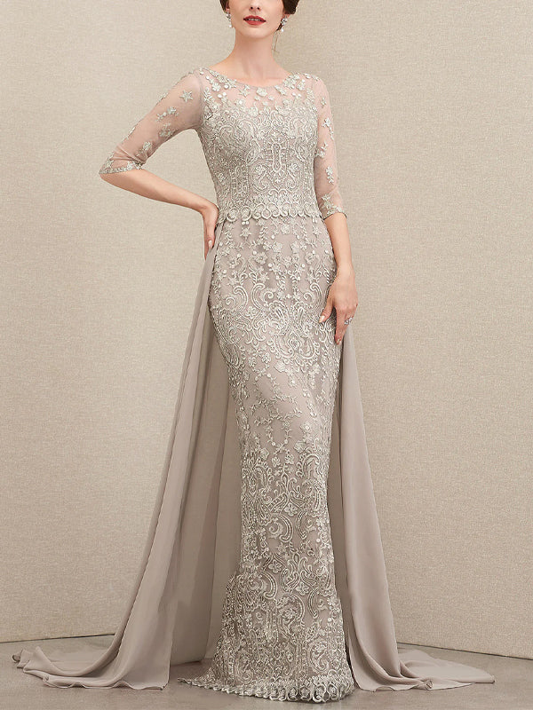 Round Neck Solid Color Lace Short Sleeves Maxi Dress