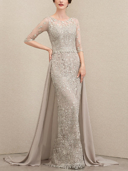 Round Neck Solid Color Lace Short Sleeves Maxi Dress