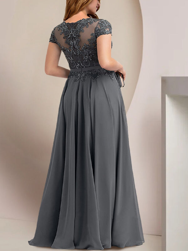 Plus Size Round Neck Lace Short Sleeve Solid Color Maxi Dress