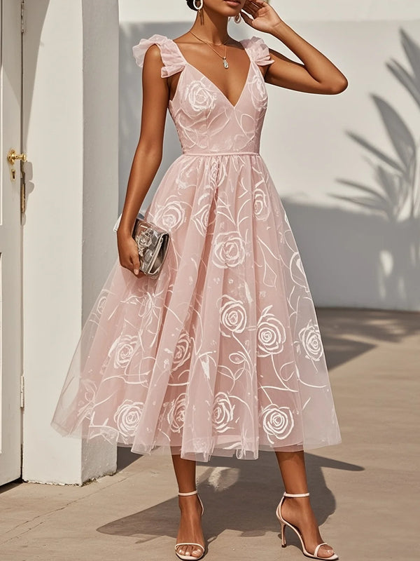 Floral Ruffled Classic V Neck Sleeveless Ruffle Sleeve A-Line Midi Dress