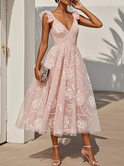 Floral Ruffled Classic V Neck Sleeveless Ruffle Sleeve A-Line Midi Dress