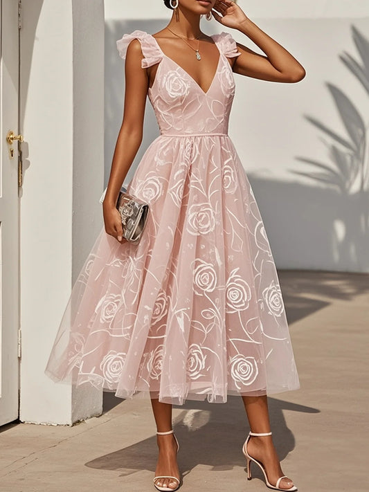 Floral Ruffled Classic V Neck Sleeveless Ruffle Sleeve A-Line Midi Dress