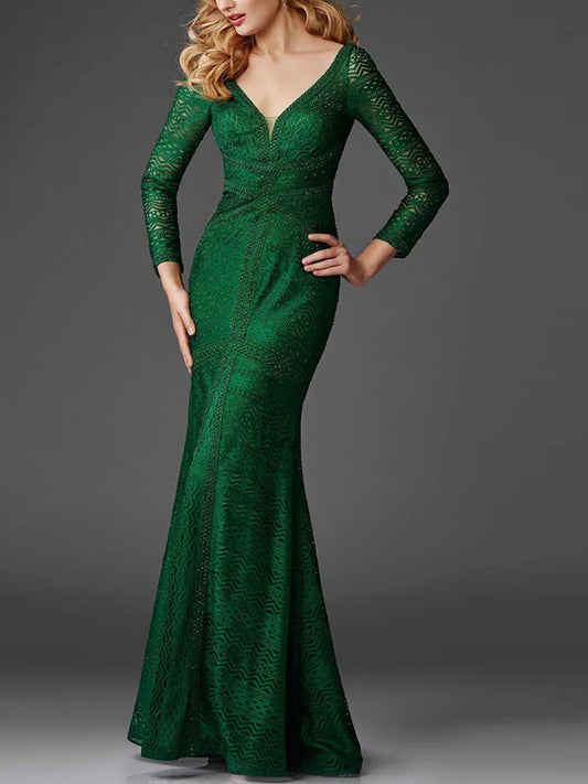 V-neck Long Sleeve Lace Solid Color Maxi Dress