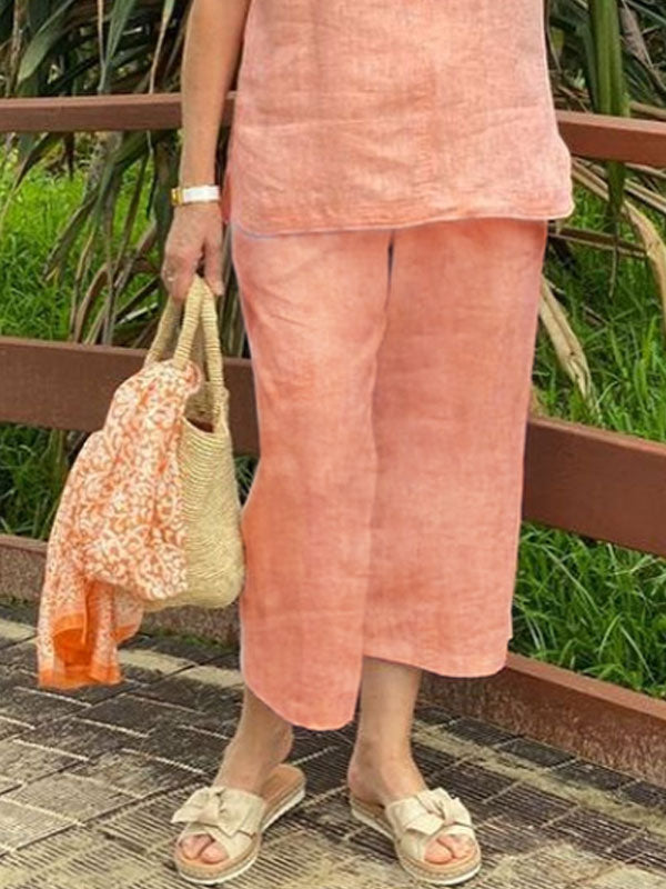 Casual Solid Color Pullover Cotton Linen Women's Suit