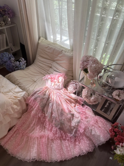 Pink sweet fashion elegant exquisite lace floral long tulle lace princess ball gown evening dress birthday dress adult ceremony dress gh4032