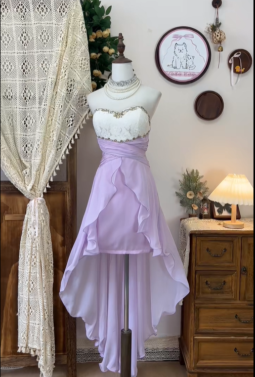 Vintage A Line Sweetheart Neck Beaded White Lace Purple Chiffon Homecoming Dress Cocktail Dress SH2953