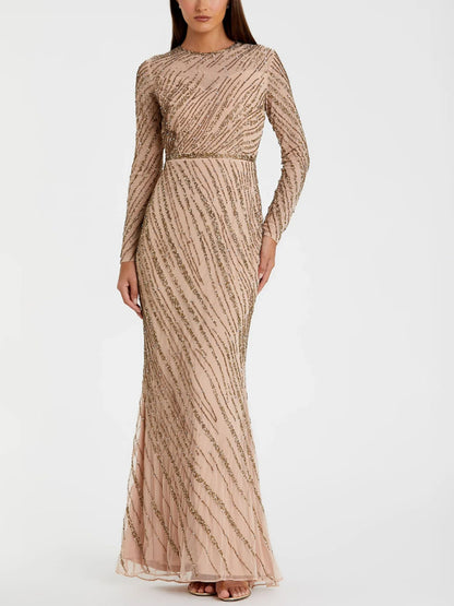 Round Neck Long Sleeves Sequined Mesh Maxi Dress