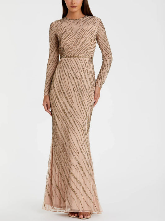 Round Neck Long Sleeves Sequined Mesh Maxi Dress